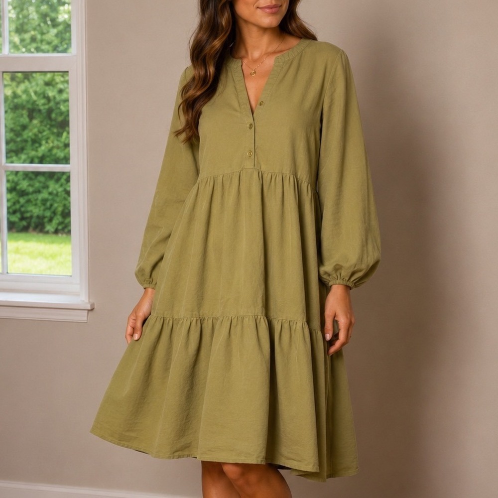 Motherhood‎ Maternity Cotton Tiered Babydoll Dress Women's Medium Olive Green